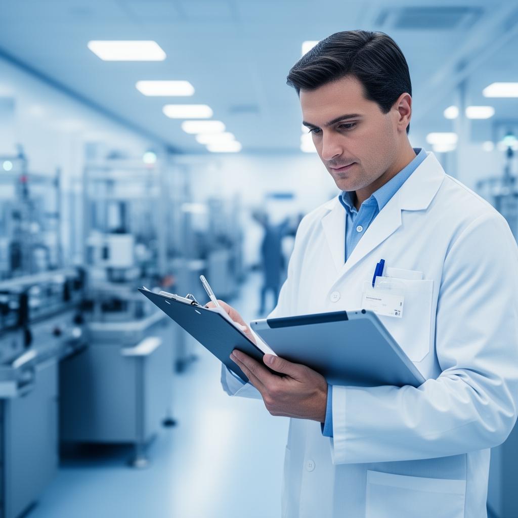 Auditor revisando documentación en planta médica